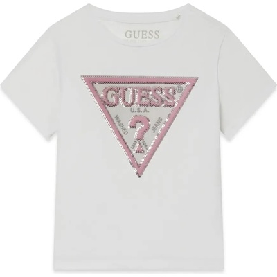 GUESS Бяла тениска за мини момиче с розово лого Guess с пайети