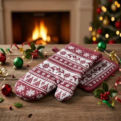 Kuchyňský set rukavice/chňapka CHRISTMASSY bílá/vínová 18x30 cm/20X20 cm ESSEX