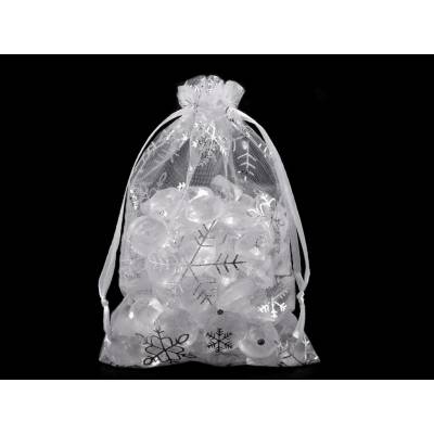 Vánoční dárkový pytlík vločky 10x15 cm organza - bílá stříbrná (10 ks)