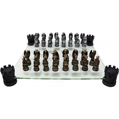 MystiCalls Šachový set Draci: Zlaté a stříbrné figurky se skleněnou šachovnicí