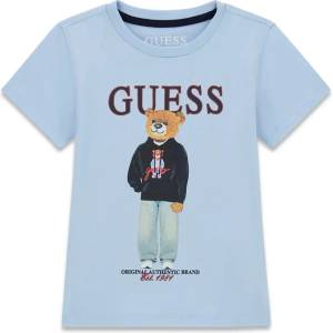 GUESS Тениска в светлосин цвят за мини момче с цветно мече и тъмносин надпис Guess