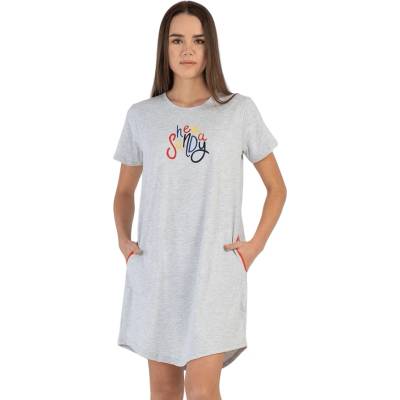 Памучна нощница в сив меланж с надпис