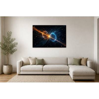 Obraz na plátně – Srážka částic v modré a oranžové 135 × 90 cm