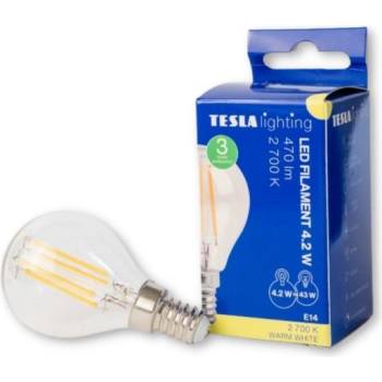 Tesla LED žárovka FILAMENT RETRO miniglobe, E14, 4,2W, 230V, 470lm, 25 000h, 2700K teplá bílá, 360