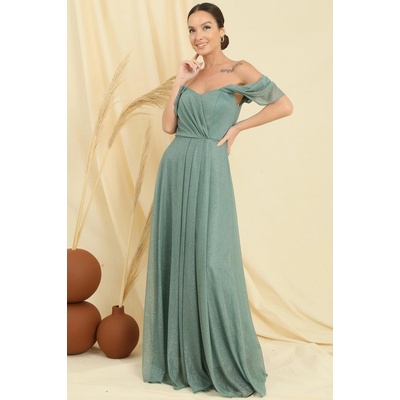 By Saygı Low Sleeve Lined Skirt Pleated Silvery Long Tulle Dress