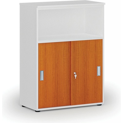 Primo Kombinovaná kancelárska skriňa so zásuvnými dverami WHITE, 1087 x 800 x 420 mm, biela/čerešňa