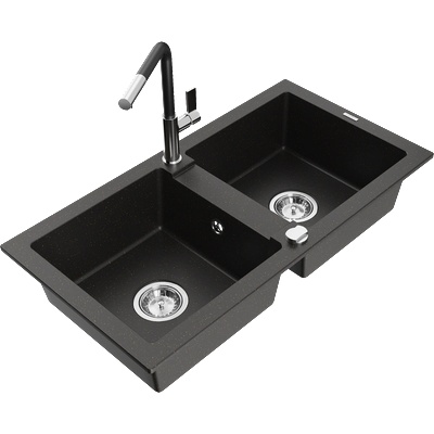 Mexen Mario гранитна мивка с 2 отделения с кухненски смесител Flora, черен/златист металик - 6504-75-670401-07 (6504-75-670401-07)