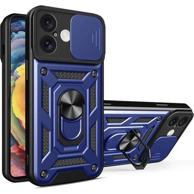 HQWear Брониран калъф Hybrid Armor Camshield iPhone 16 Plus с капак за камера и стойка - син (Hybrid Armor Camshield iPhone 16 Plus blue)