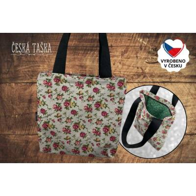 Česká Taška Taškokabelka ROSES L Česká ručně šitá taška se zelenou srdíčkovou podšívkou a zipem 38×38 cm