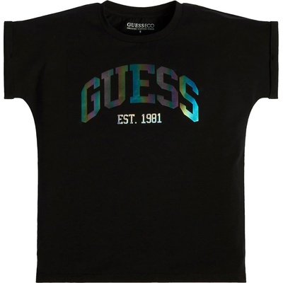 GUESS Тениска с къс ръкав в черно за момиче с голям цветен надпис Guess