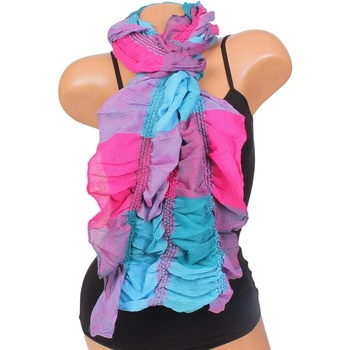 Ефектен дамски набран шал в цикламено и тюркоазено