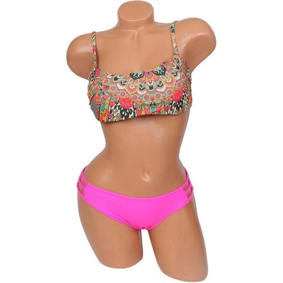 Дамски бански с шарен десен и розов неон