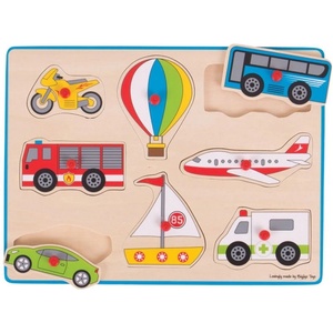 Bigjigs Toys Дървен пъзел с дръжки Bigjigs - Транспорт, 8 части (BJ260) - baby