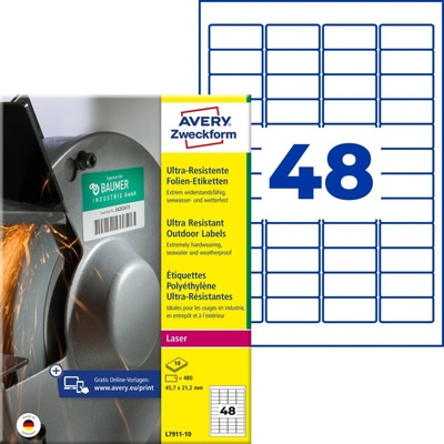 Avery Zweckform Etikety pro laser 10 listů A4 bílé 45,7 x 21,2 mm ultra odolné vůči počasí L7911-10