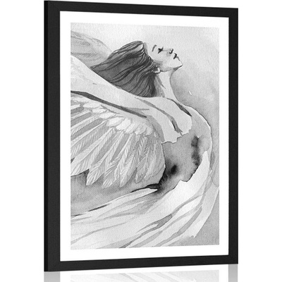 Plakát s paspartou svobodný anděl v černobílém provedení - 30x45 white