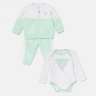 Guess Спортен комплект суичър, боди и панталон за бебе момче в зелено и бяло Guess