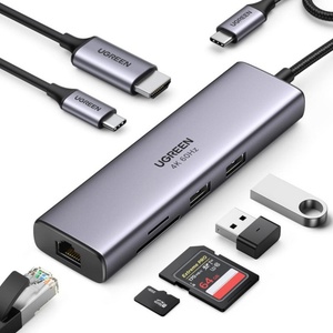 UGREEN Мултифункционален адаптер 6в1 UGREEN CM512, USB-C, 3x USB-A 3.0, HDMI, RJ45 LAN, USB-C PD, 4K@30Hz, Сив (CM512)