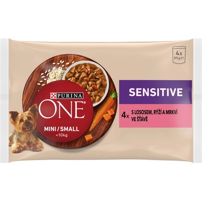 Purina ONE Mini Dog Sensitive kapsičky pro psy losos ve šťávě 4 x 85 g
