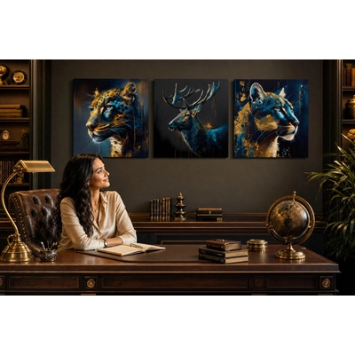 Set 3 obrazov Safari Gold — Jaguár, Jeleň, Puma - 3× 80×80 cm