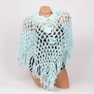 Стилно плетено пончо в тюркоазен цвят с ресни