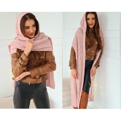 Fashionweek pletená exkluzivní čepice ala kapuce se šálou 2v1 Cleo světle růžová