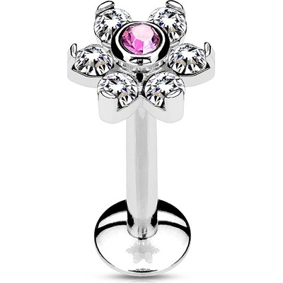 Šperky4U piercing do brady labreta kytička růžový/čiré kamínky LB1076-1206