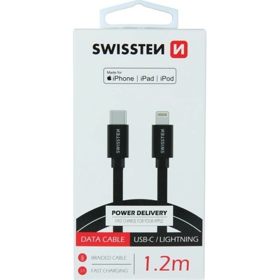 Swissten 71526201 USB 2.0 typ C na Lightning, USB 2.0, zástrčka C - zástrčka Lightning, MFi, opletený, 1,2m, černý