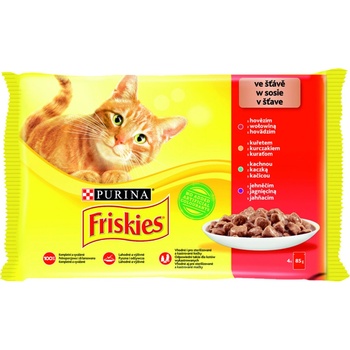 Friskies pre dospelé mačky s hovädzím kuraťom jahňacím a kačicou v šťave 4 x 85 g