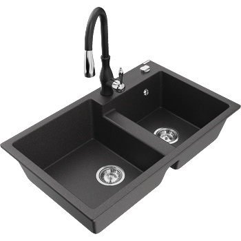 Mexen Tomas гранитна кухненска мивка с 2 камери и кухненски смесител Savita, черен на пръски - 6516-76-672601-70 (6516-76-672601-70)