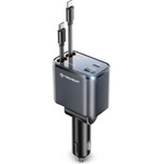 Techsuit - Премиум зарядно за кола NanoVoltX (C1) - с прибиращи се USB-C, Lightning кабели, USB 2.4A, PD30W, 69W, 180° - Сив