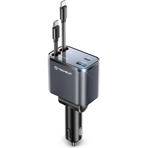Techsuit - Премиум зарядно за кола NanoVoltX (C1) - с прибиращи се USB-C, Lightning кабели, USB 2.4A, PD30W, 69W, 180° - Сив