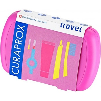 Curaprox Travel Set zubná kefka + CPS medzizubné kefky 2 ks + zubná pasta 10 ml darčeková sada, ružový