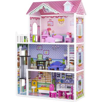 ECOTOYS Дървена къща за кукли Резиденция Ягода с асансьор Ecotoys 123, 5 см XXL с включени мебели (TL43004C)