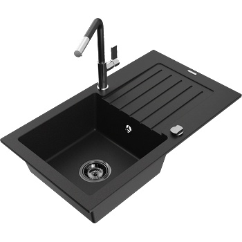 Mexen Pablo гранитна мивка с 1 отделение и отцедник и кухненски смесител Flora, черен - 6510-77-670401-07-B (6510-77-670401-07-B)