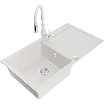 Mexen Leo Гранитна мивка с 1 отделение с отцедник и кухненски смесител Savita, бял - 6501-20-672601-20 (6501-20-672601-20)