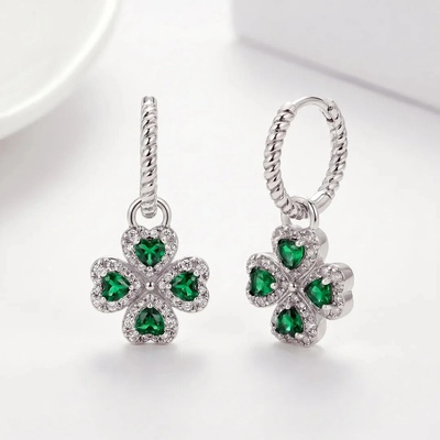 Elanis Jewel Stříbrné náušnice Čtyřlístek se zelenými a čirými zirkony EJ00822