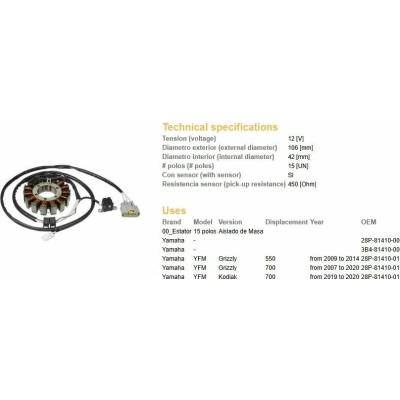 DZE stator (vinutí) alternátoru YAMAHA YFM 550 GRIZZLY 09-14; YFM 700 GRIZZLY 07-20; YFM 700 KODIAK 19-20 (28P-81410-00; 3B4-81410-00)
