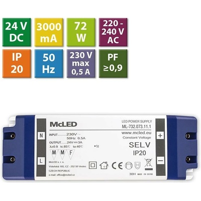 zdroj napájecí pro LED pásky 24V DC 72W (3A) IP20 ML-732.073.11.1 plast. se svorkovnicí