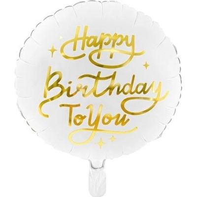 PartyDeco BALÓNIK fóliový okrúhly biely Happy Birthday To You 35cm