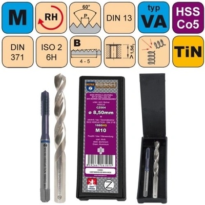 NÁSTROJE CZ Sada str. závitníku /CZZ1660HQ/ HSSCo5 TiCN a vrtáku CZ004 HSSCo5 v plastové krabičce CZZ Závit: SD-M10