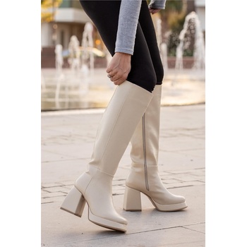 Moda Trend Дамски дълги ботуши с широк ток и платформа - Светлобежови #363817 (363817_Бежов)