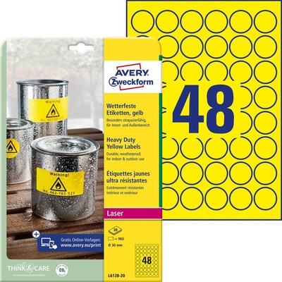 Avery-Zweckform L6128-20 Ø 30 mm prehľad produktov fólie žltá 960 ks trvalé Fóliové etikety laser, kópie