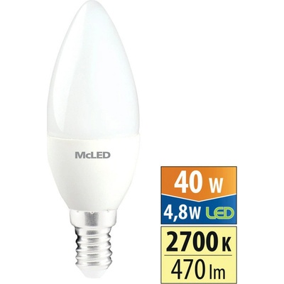 McLED LED žárovka E14 4,8W 40W teplá bílá 2700K svíčka