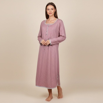 Карирана макси нощница с дълъг ръкав в цвят пудра