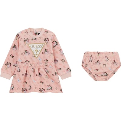 Guess Многоцветна разкроена рокля с дълъг ръкав за бебе момиче със златистно лого Guess