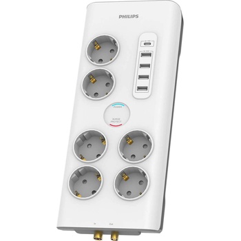 Philips SPN7061WA 6 AC Outlets With USB-A and USB-C Ports Extension Power Strip 3680W - разклонител с 4xUSB-A и 1хUSB-C порта и 6хAC изхода (бял)