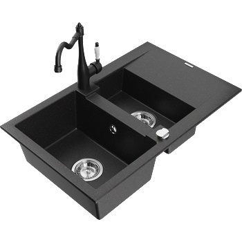Mexen Gaspar гранитна мивка с 1, 5 отделения с отцеждач и кухненски смесител Carla черен/сребърен металик - 6507-73-670700-70 (6507-73-670700-70)