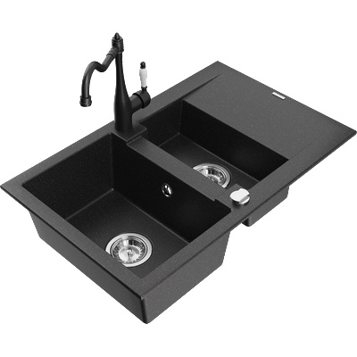 Mexen Gaspar гранитна мивка с 1, 5 отделения с отцеждач и кухненски смесител Carla черен/сребърен металик - 6507-73-670700-70 (6507-73-670700-70)