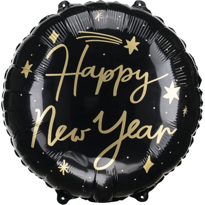 PartyDeco Balónek fóliový černý Happy New Year 35 cm