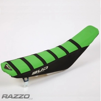 Potah sedla BudRacing Seat Cover FullTraction Kawasaki KX125 / KX250 BlackGreen Stripes BUD logo